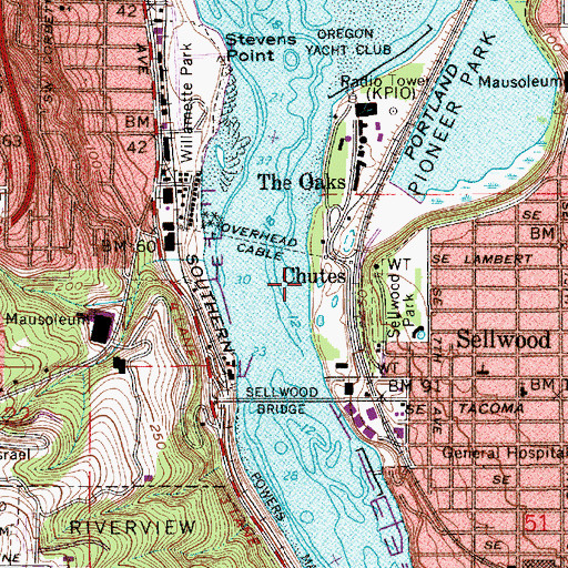 Topographic Map of Sellwood Riverfront City Park, OR