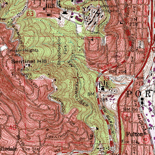 Topographic Map of Terwilliger Boulevard Parkway, OR