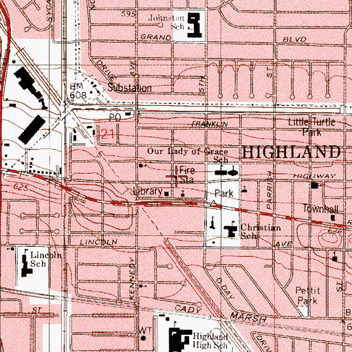 Topographic Map of Highland Fire Department Central Station, IN