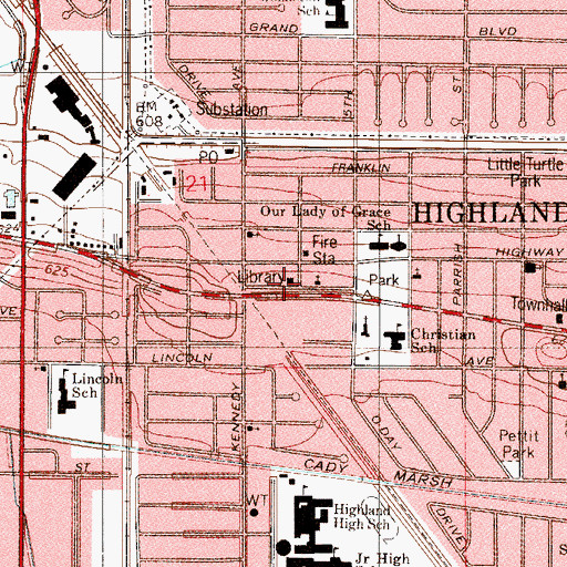 Topographic Map of Highland Branch Lake County Public Library, IN