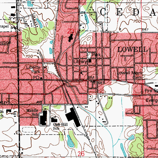 Topographic Map of Lowell Commercial Historic District, IN