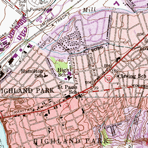 Topographic Map of Highland Park High School, NJ