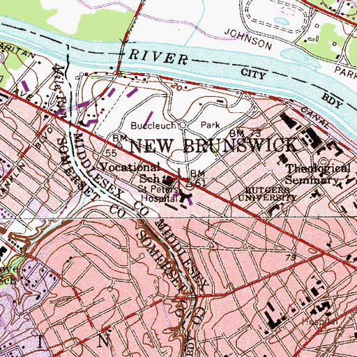 Topographic Map of New Brunswick Vocational School, NJ