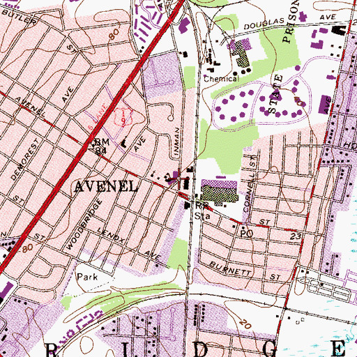 Topographic Map of Avenel Street Elementary School, NJ