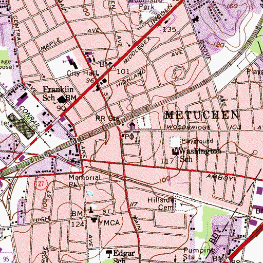 Topographic Map of Metuchen Post Office, NJ