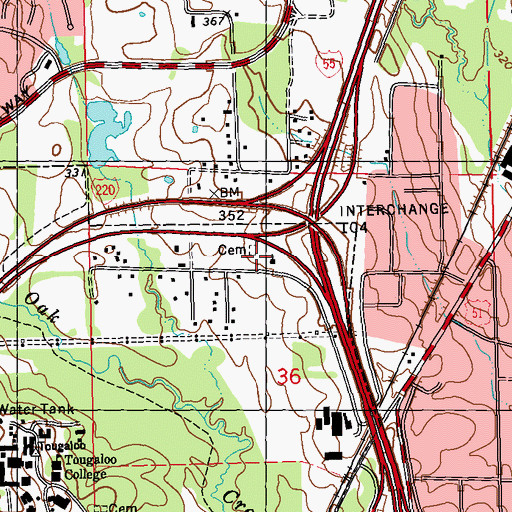 Topographic Map of Parkway Memorial Cemetery, MS