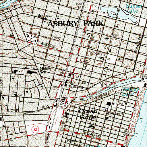 Topographic Map of Asbury Park Post Office, NJ