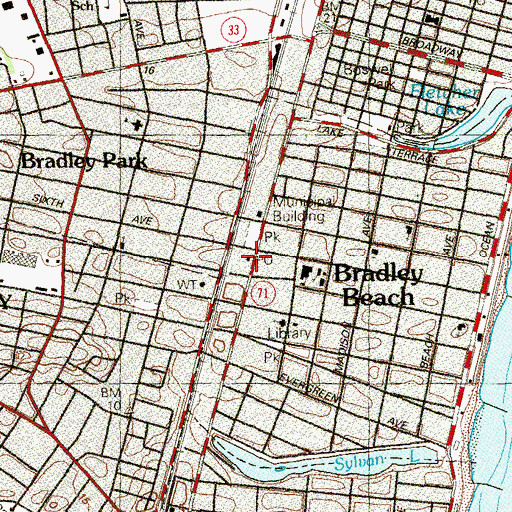Topographic Map of Bradley Beach Post Office, NJ