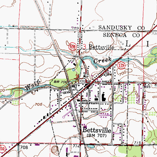 Topographic Map of Bettsville Post Office, OH