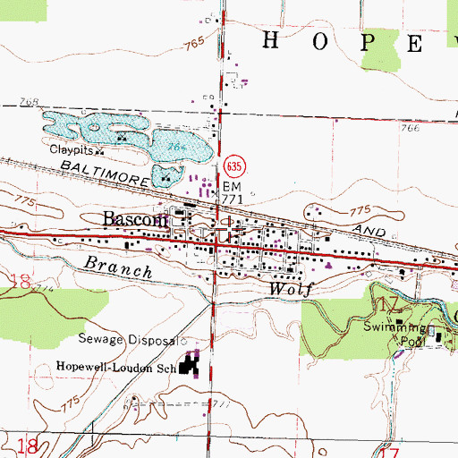 Topographic Map of Bascom Post Office, OH