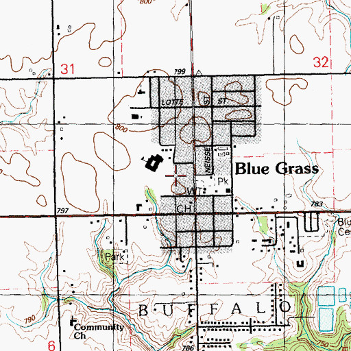 Topographic Map of Blue Grass (historical), IA