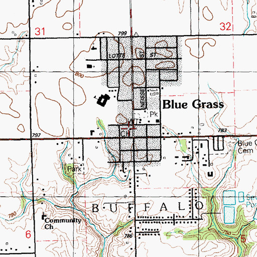Topographic Map of Blue Grass City Hall, IA