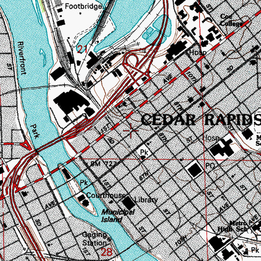 Topographic Map of First School House in Cedar Rapids Historical Marker, IA