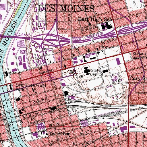 Topographic Map of Site of Des Moines' First Public School Historical Marker, IA