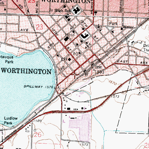 Topographic Map of Worthington Fire Department, MN