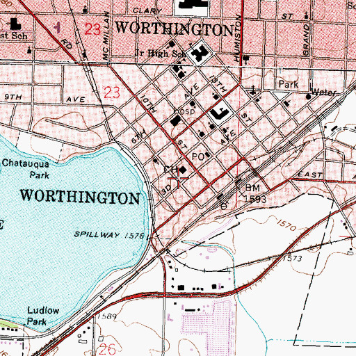 Topographic Map of Worthington City Hall, MN