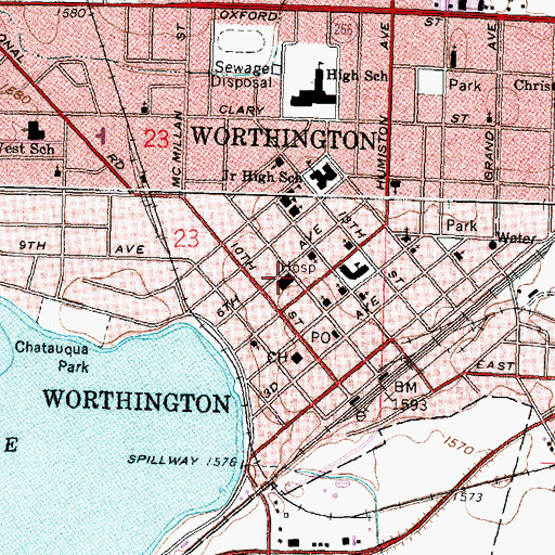 Topographic Map of Sanford Worthington Medical Center, MN