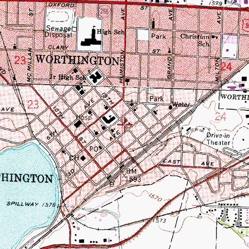 Topographic Map of Nobles County Library, MN
