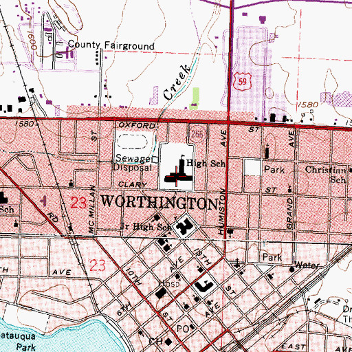 Topographic Map of Worthington High School, MN