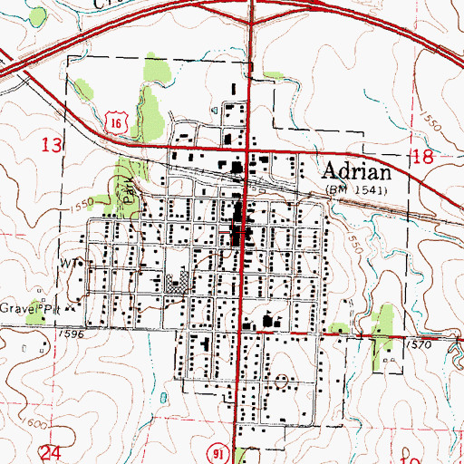 Topographic Map of Adrian Post Office, MN