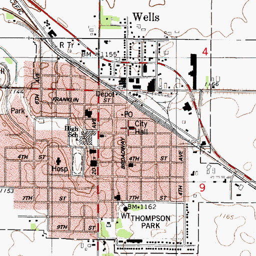 Topographic Map of Wells City Police Department, MN