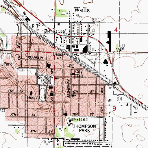 Topographic Map of Wells City Hall, MN