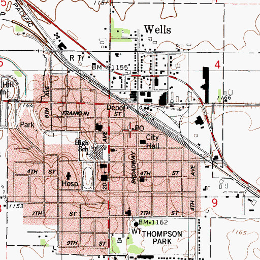 Topographic Map of Wells Post Office, MN