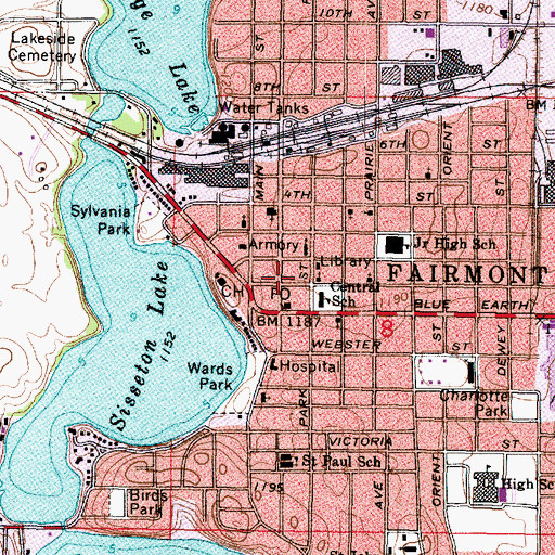 Topographic Map of Fairmont City Hall, MN