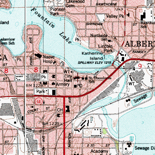 Topographic Map of Albert Lea Fire Department, MN