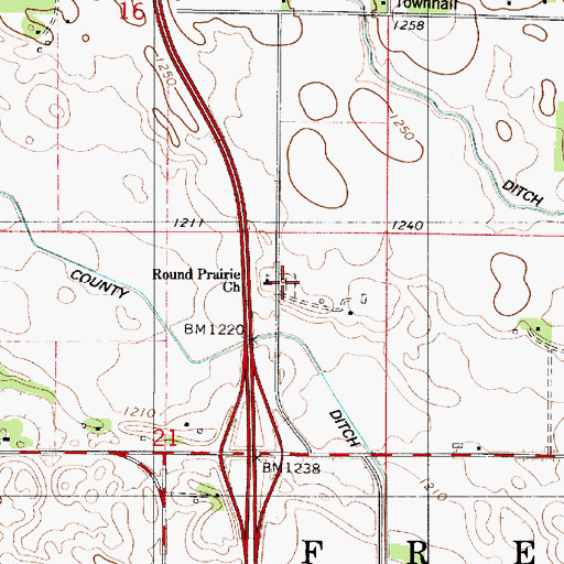 Topographic Map of Round Prairie Cemetery, MN