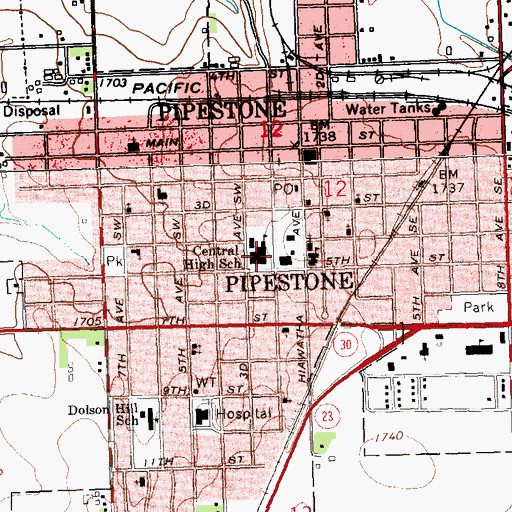 Topographic Map of Pipestoone Community Library, MN