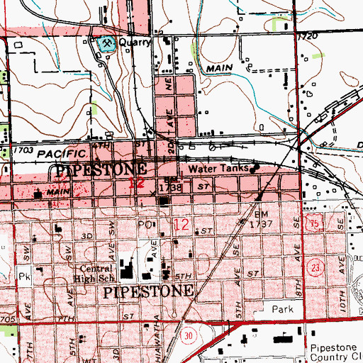 Topographic Map of Pipestone Volunteer Fire Department, MN