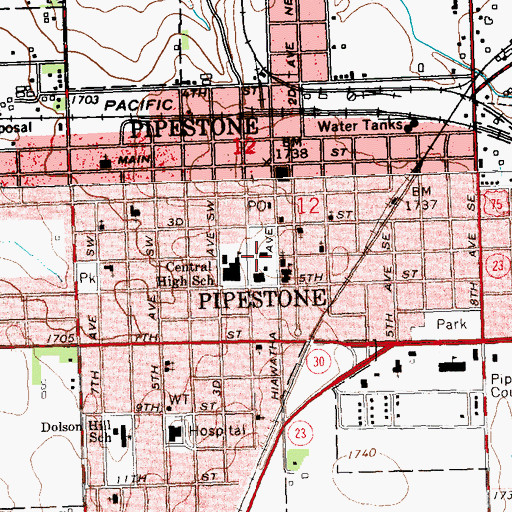 Topographic Map of Pipestone Police Department, MN