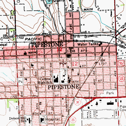 Topographic Map of Pipestone Post Office, MN