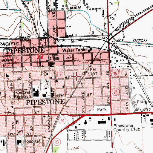 Topographic Map of Pipestone, MN