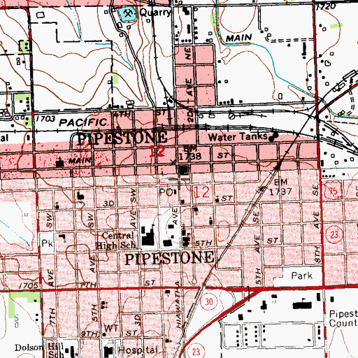 Topographic Map of Pipestone County Museum, MN