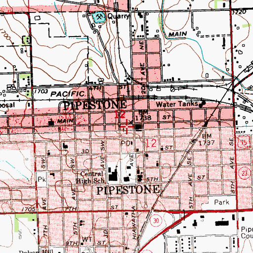 Topographic Map of Pipestone City Hall, MN