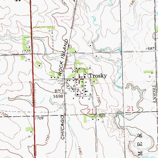 Topographic Map of Trosky Post Office, MN