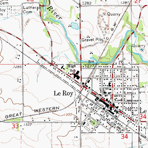 Topographic Map of Le Roy Ostrander High School, MN