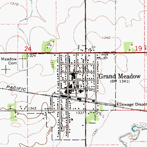 Topographic Map of Grand Meadow School, MN