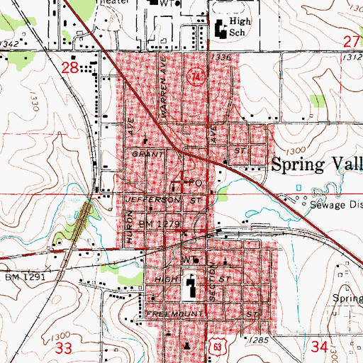 Topographic Map of Spring Valley Post Office, MN