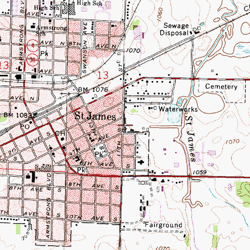 Topographic Map of Saint James Fire Department, MN
