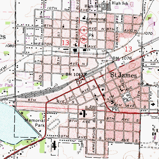 Topographic Map of Saint James Post Office, MN