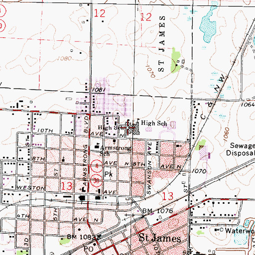 Topographic Map of Saint James High School, MN