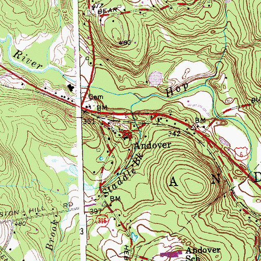 Topographic Map of Andover, CT