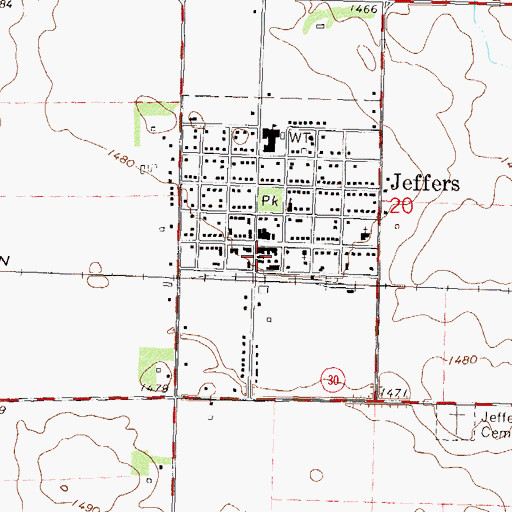 Topographic Map of Jeffers Post Office, MN