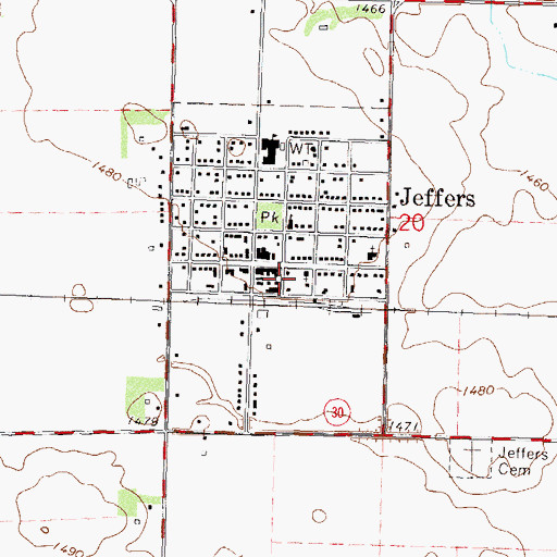 Topographic Map of Jeffers Village City Hall, MN