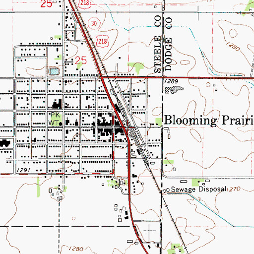 Topographic Map of Blooming Prairie, MN