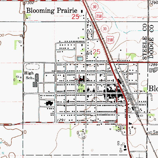 Topographic Map of Blooming Prairie Elementary School, MN