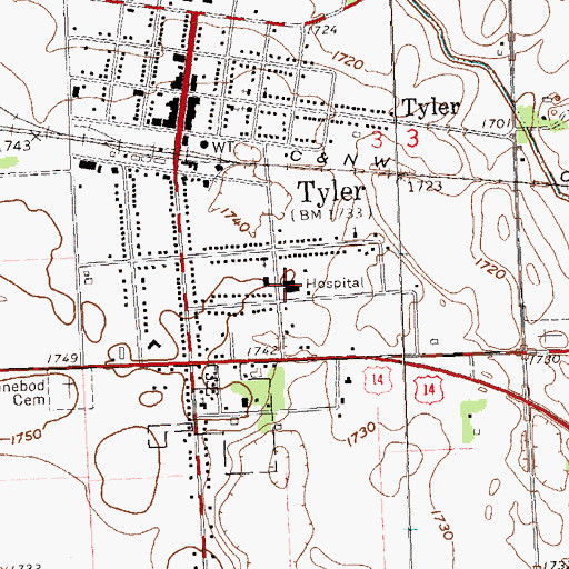 Topographic Map of Avera Tyler Hospital, MN